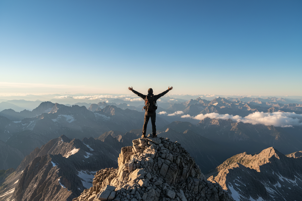 a person standing on top of a mountain, clear sunny day, accomplished
